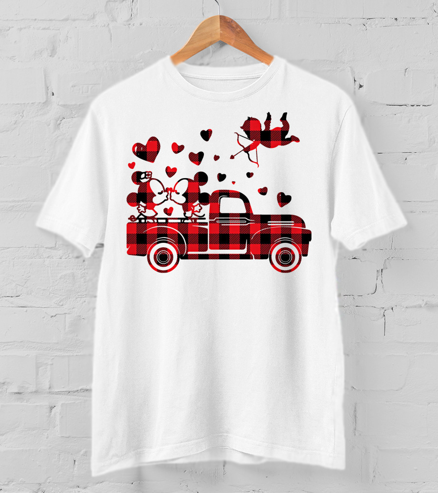 Buffalo Plaid Mickey Minnie Kissing In Truck With Hearts And Cupid Valentine T-Shirt