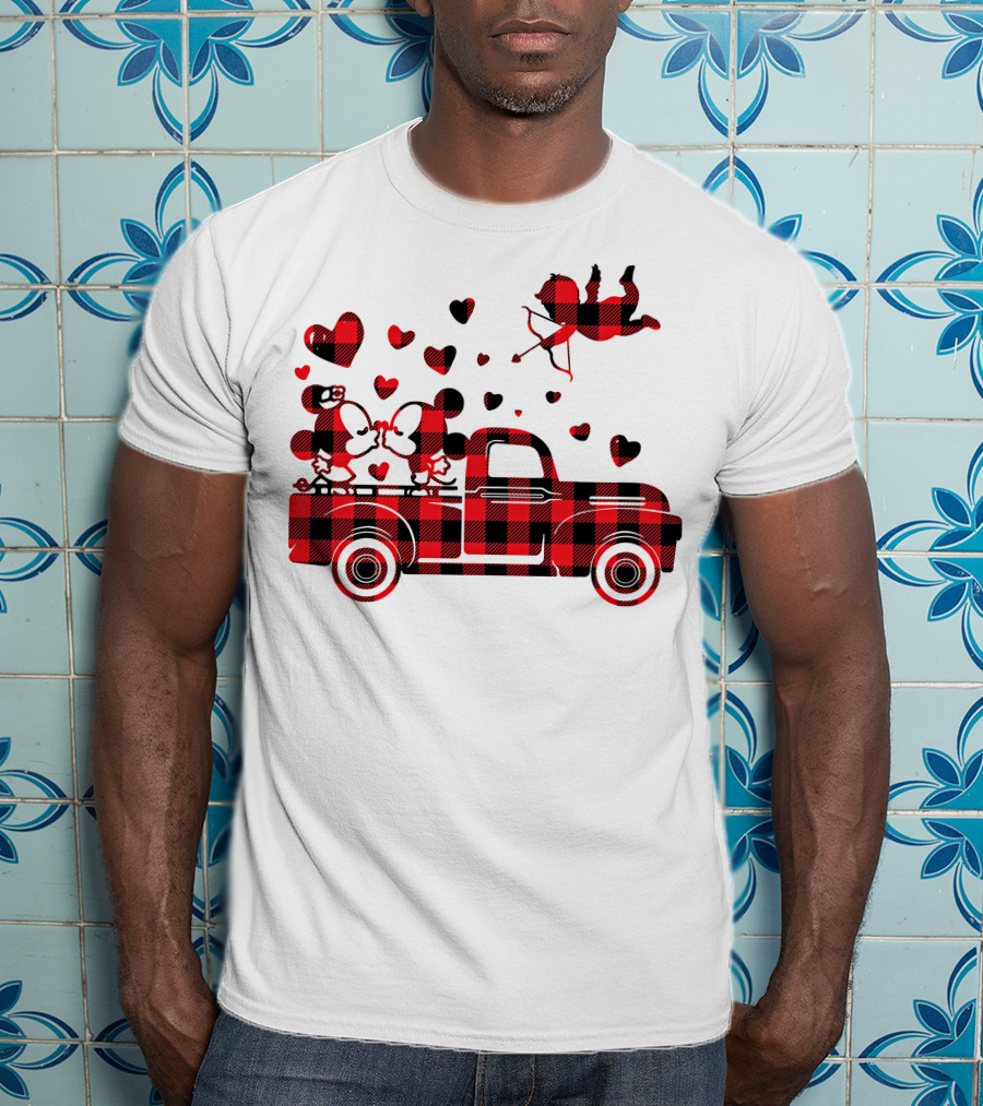 Buffalo Plaid Mickey Minnie Kissing In Truck With Hearts And Cupid Valentine T-Shirt