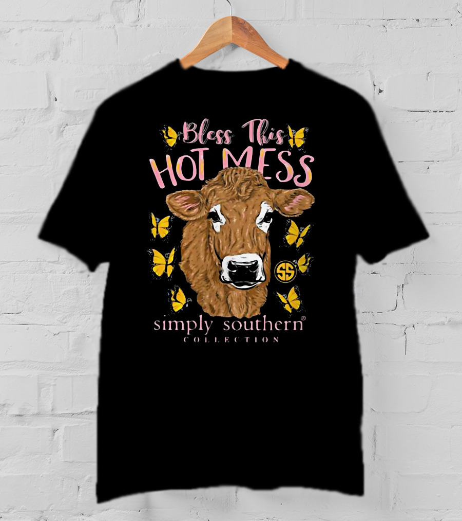 Bless This Hot Mess Simply Southern Collection Cow And Butterflies T-Shirt