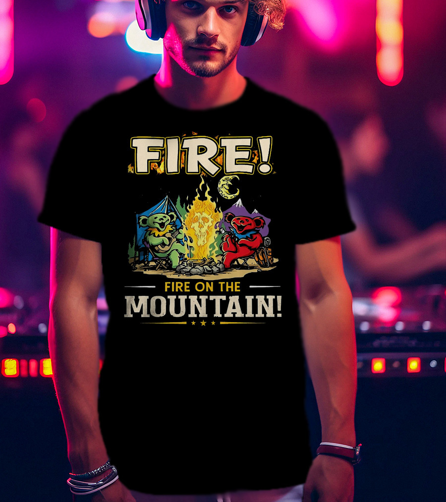 Grateful Dead Fire On The Mountain Camping Bears Campfire Scene T-Shirt