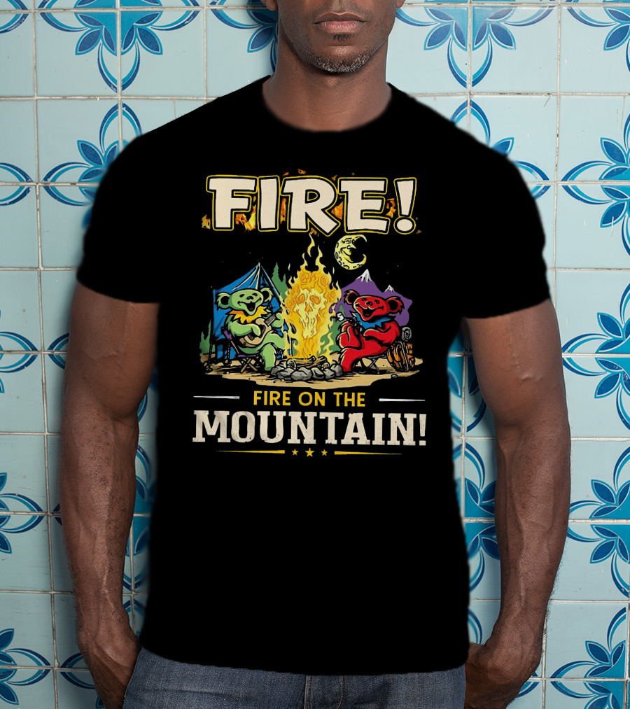 Grateful Dead Fire On The Mountain Camping Bears Campfire Scene T-Shirt