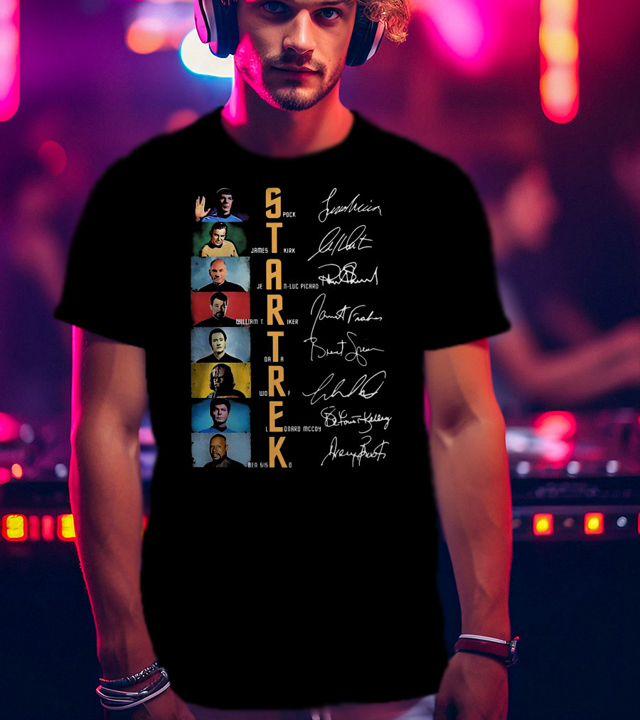 Star Trek Spock James Kirk Picard William T Riker Worf Leonard McCoy Ben Sisko Signatures T-Shirt