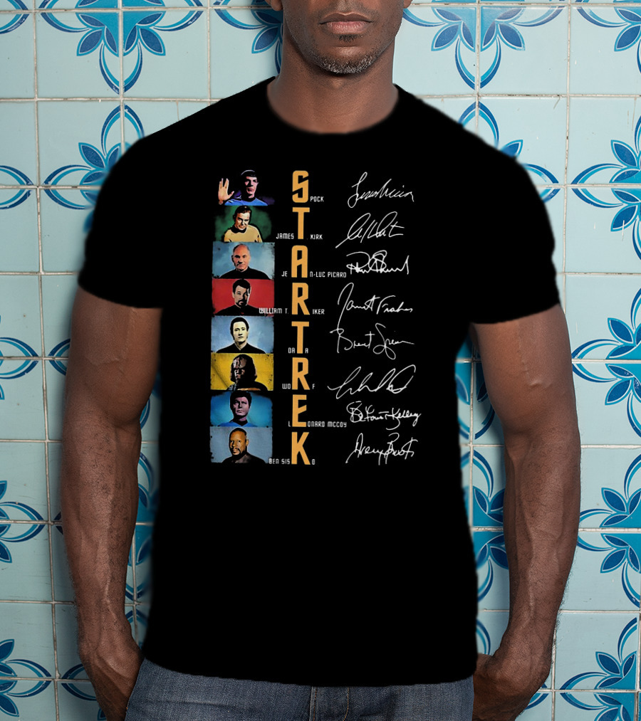 Star Trek Spock James Kirk Picard William T Riker Worf Leonard McCoy Ben Sisko Signatures T-Shirt
