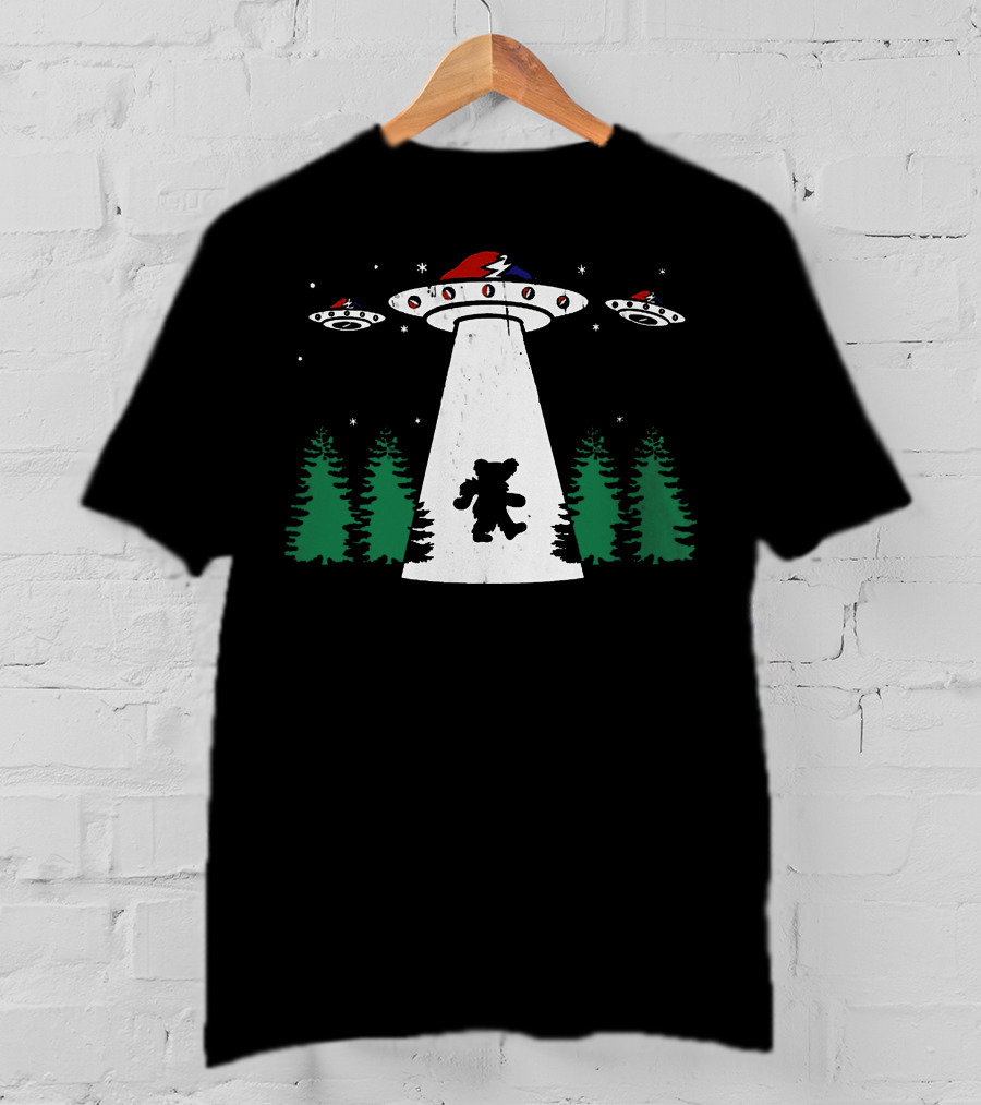Grateful Dead Bear Abducted By UFO With Lightning Bolt And Red Hat T-Shirt