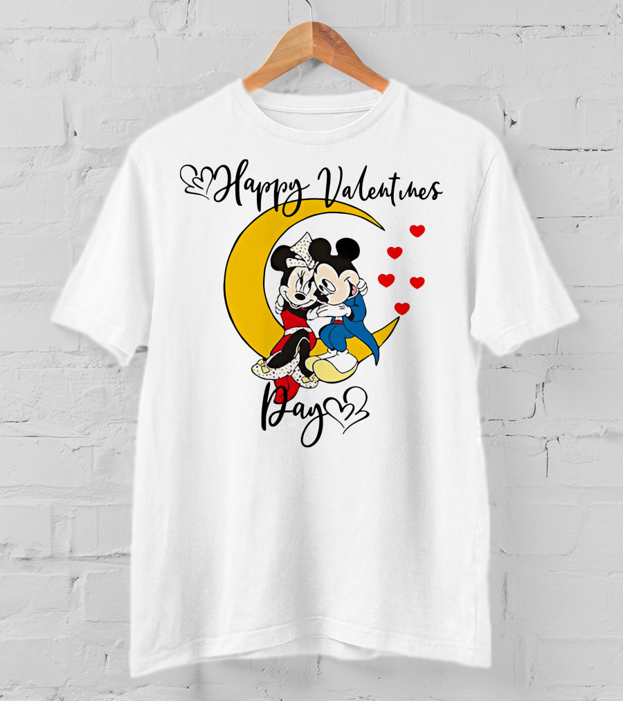 Happy Valentines Day Mickey Mouse And Minnie Mouse Cuddling On Crescent Moon With Hearts T-Shirt