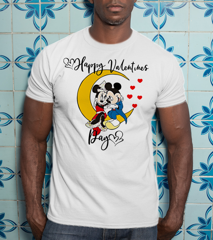 Happy Valentines Day Mickey Mouse And Minnie Mouse Cuddling On Crescent Moon With Hearts T-Shirt