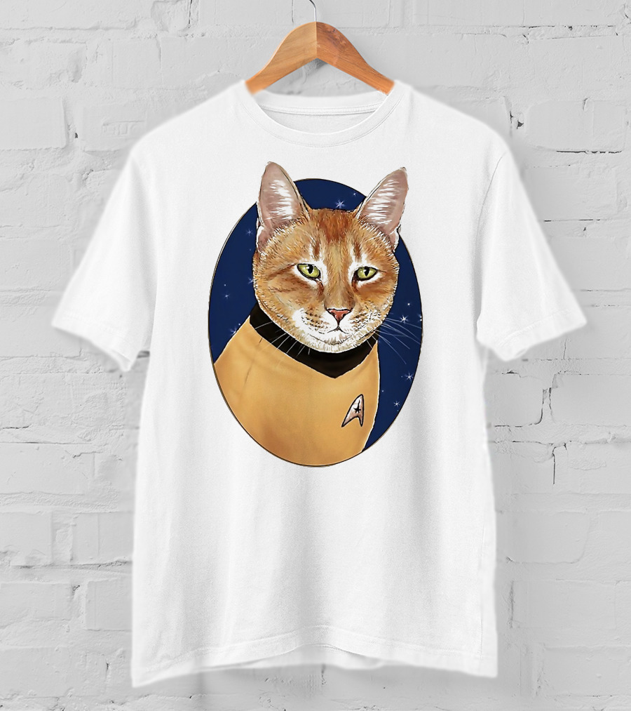 Star Trek Cat In Captain Uniform With Emblem On Starry Background T-Shirt