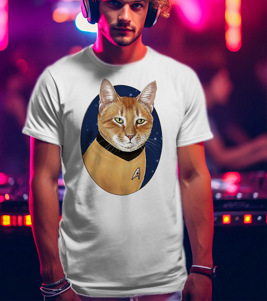 Star Trek Cat In Captain Uniform With Emblem On Starry Background T-Shirt