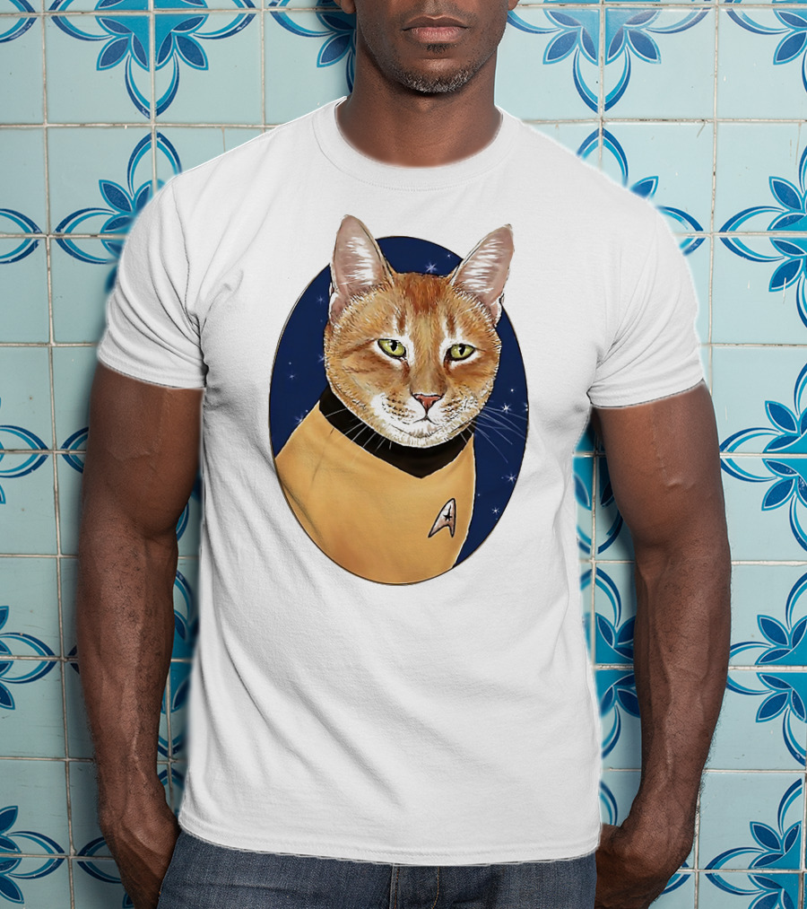 Star Trek Cat In Captain Uniform With Emblem On Starry Background T-Shirt