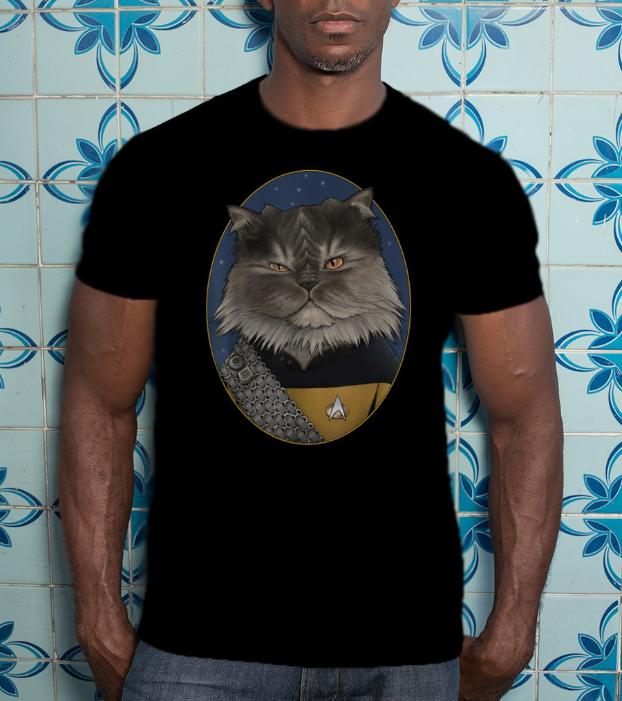 Star Trek Worf Cat In Starfleet Uniform With Klingon Sash And Emblem T-Shirt