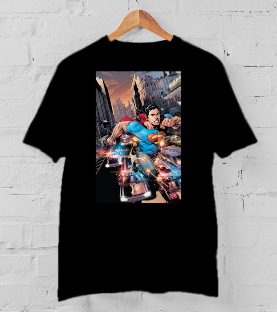 DC Comics Superman Flying Through Urban City With Police Cars T-Shirt
