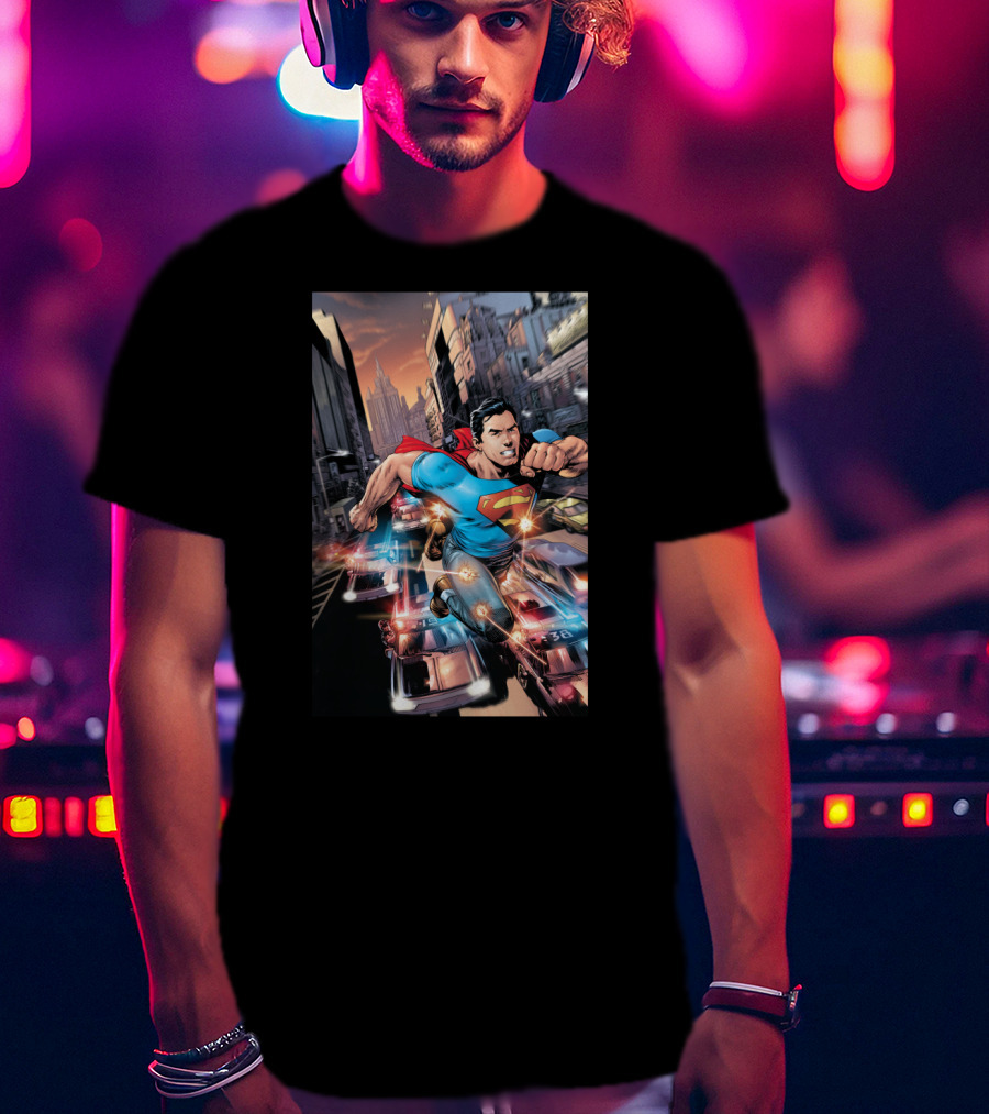DC Comics Superman Flying Through Urban City With Police Cars T-Shirt