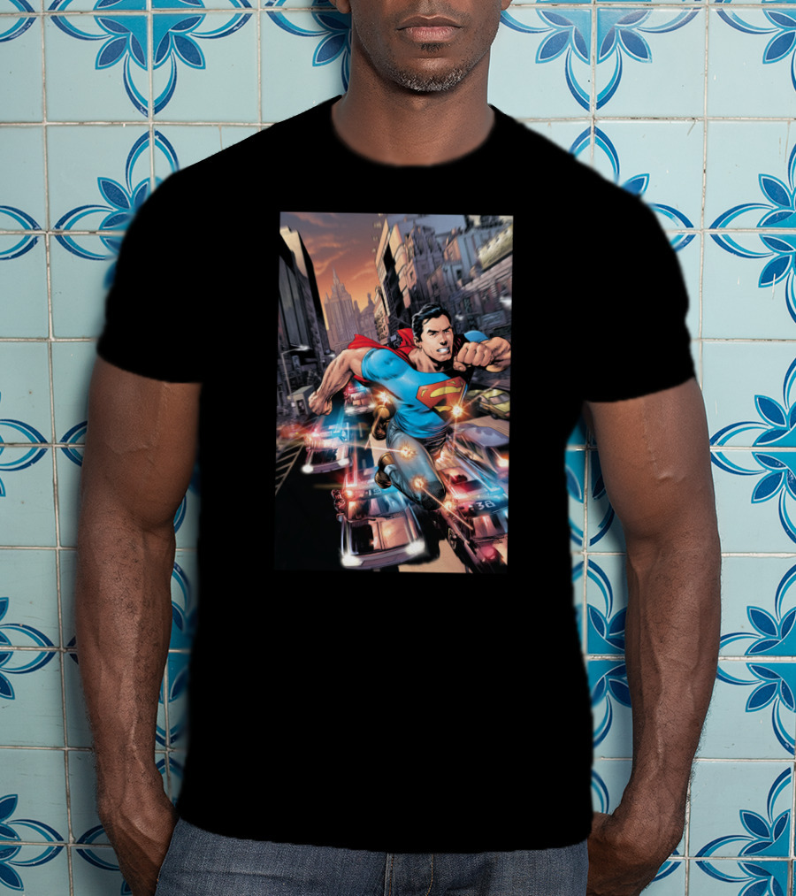 DC Comics Superman Flying Through Urban City With Police Cars T-Shirt
