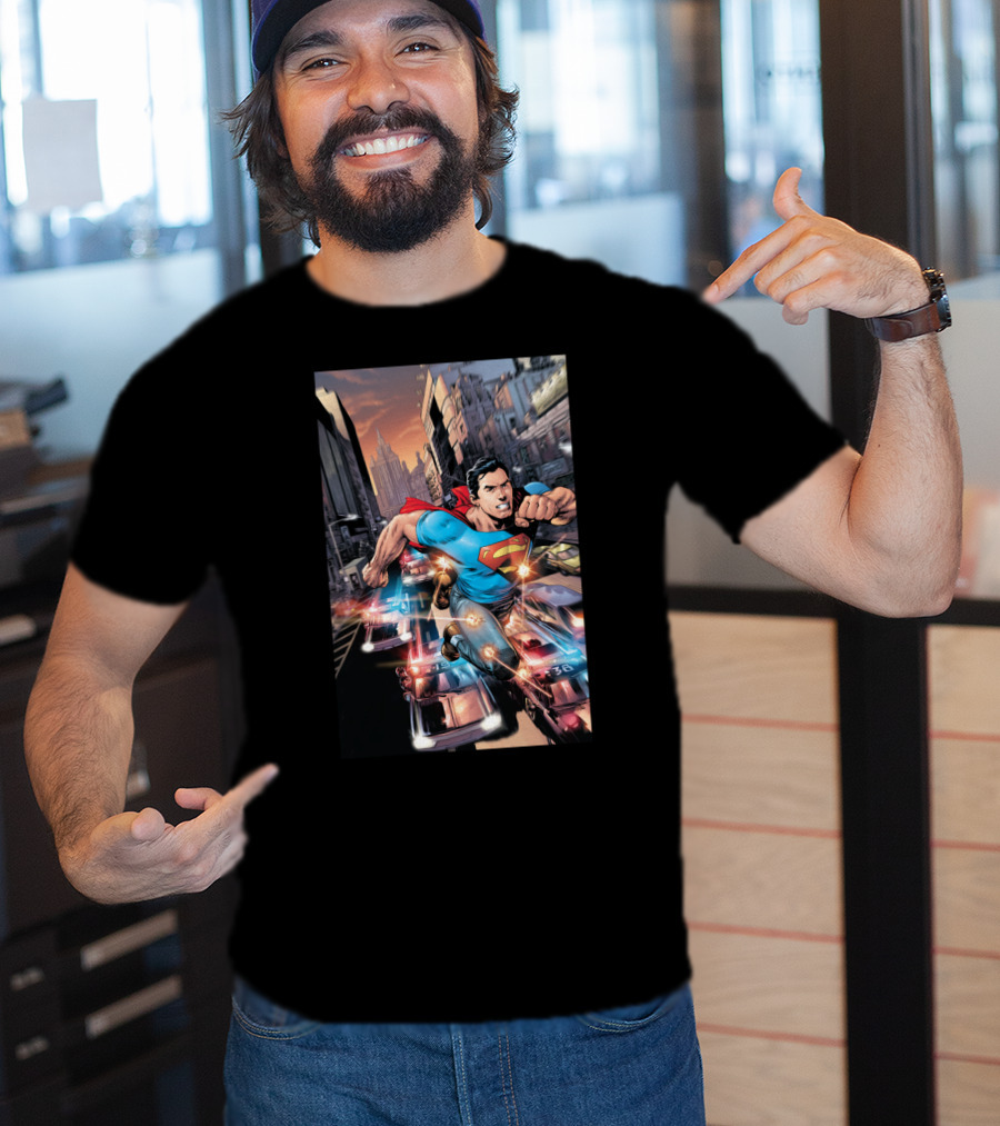 DC Comics Superman Flying Through Urban City With Police Cars T-Shirt