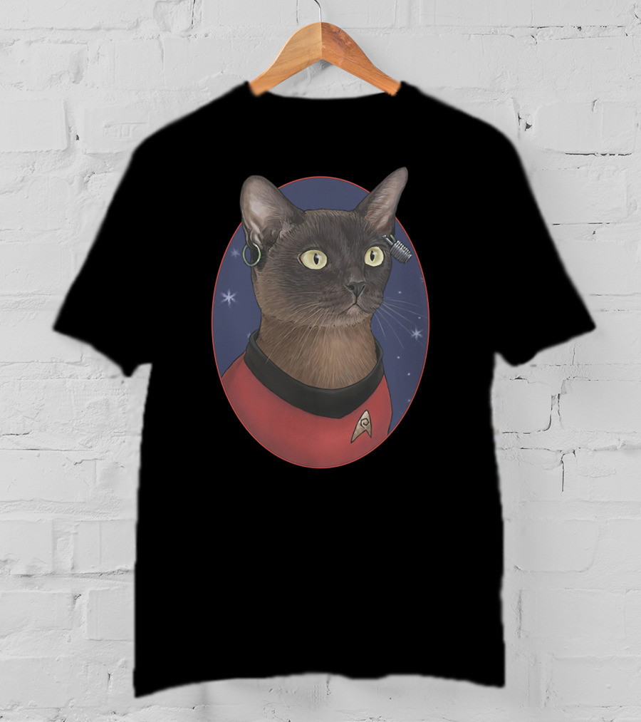 Star Trek Uhura Cat Badge In Space Oval With Earrings And Red Uniform T-Shirt