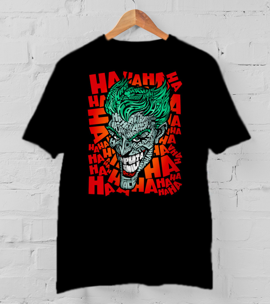 DC Comics Joker Haha Text Fill Green Hair Face Iconic Laugh Background T-Shirt