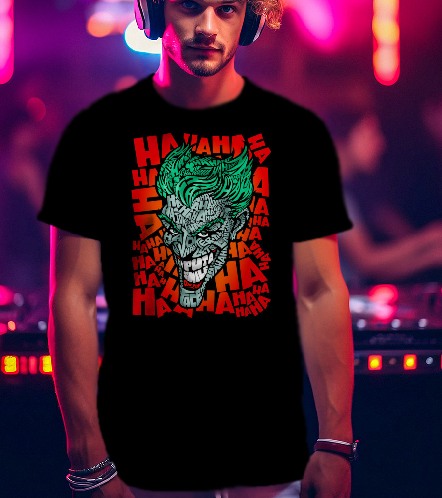 DC Comics Joker Haha Text Fill Green Hair Face Iconic Laugh Background T-Shirt