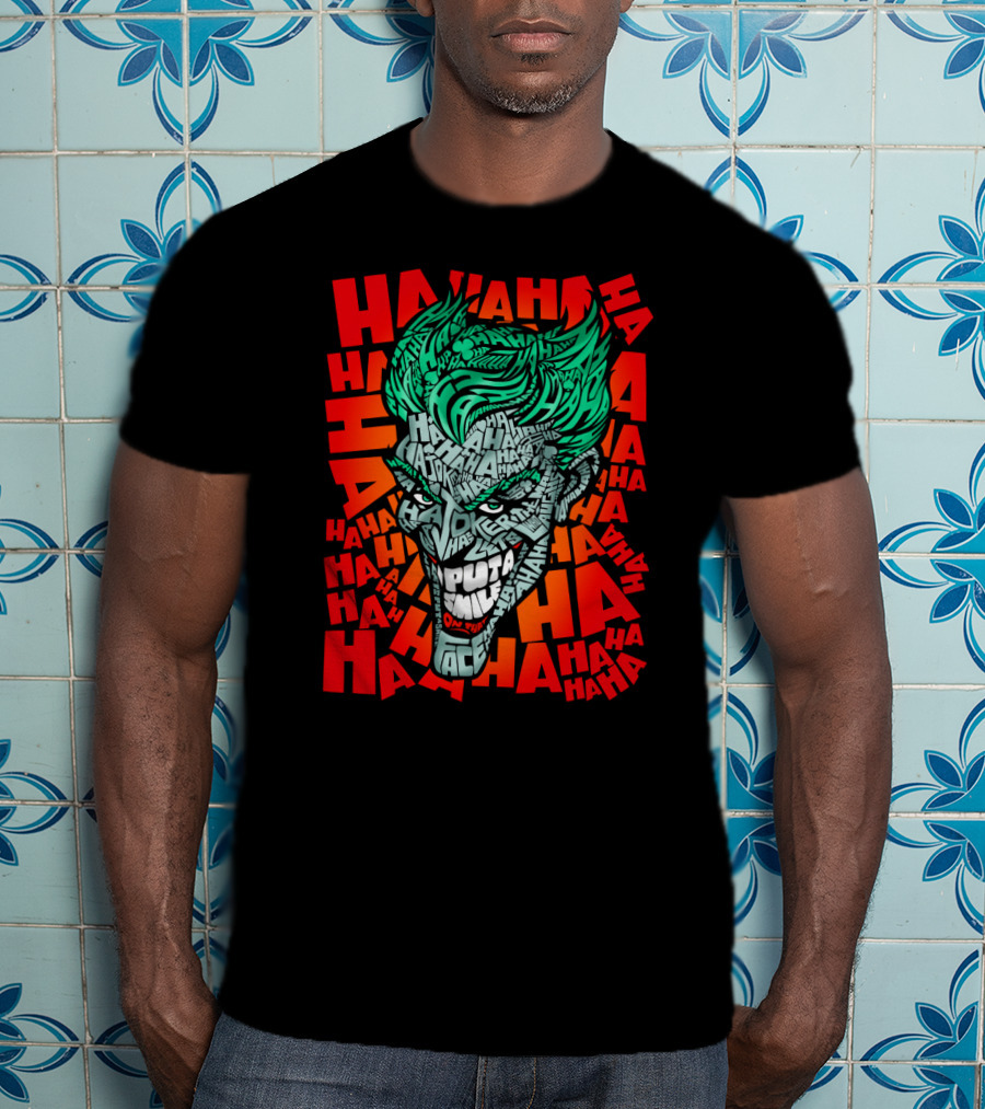 DC Comics Joker Haha Text Fill Green Hair Face Iconic Laugh Background T-Shirt
