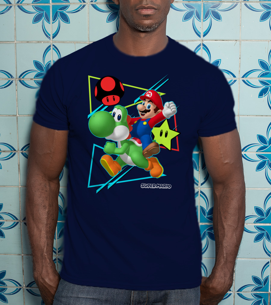 Super Mario Yoshi Adventure With Red Mushroom And Star T-Shirt