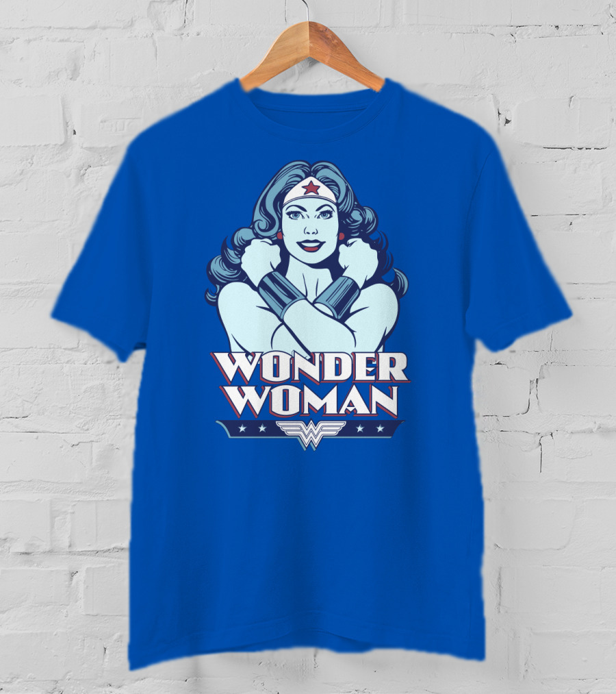 WONDER WOMAN Retro Blue Crossover Illustration With Star Headband And Arm Bracelets T-Shirt