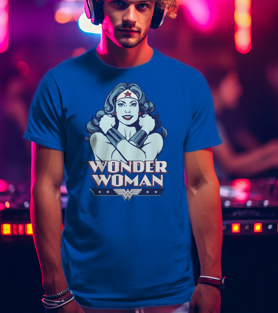 WONDER WOMAN Retro Blue Crossover Illustration With Star Headband And Arm Bracelets T-Shirt