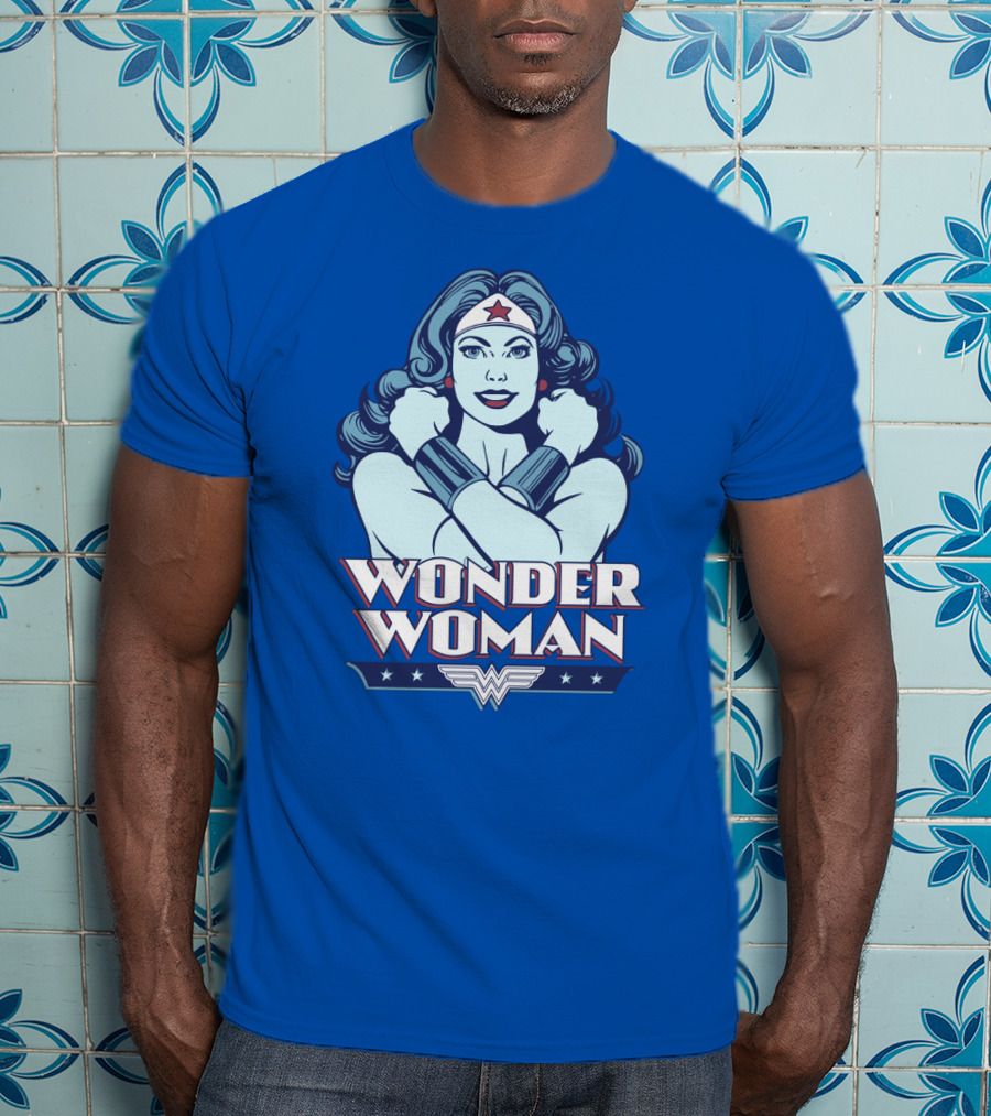 WONDER WOMAN Retro Blue Crossover Illustration With Star Headband And Arm Bracelets T-Shirt