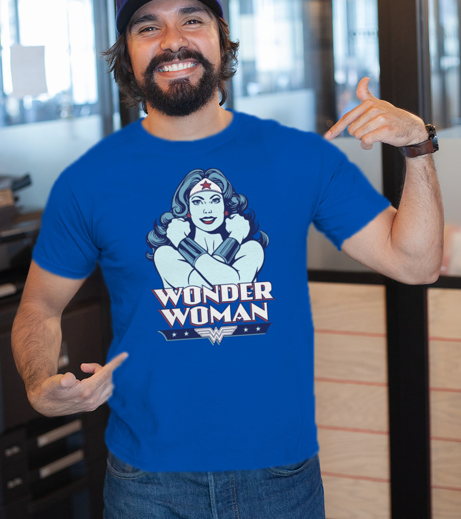 WONDER WOMAN Retro Blue Crossover Illustration With Star Headband And Arm Bracelets T-Shirt