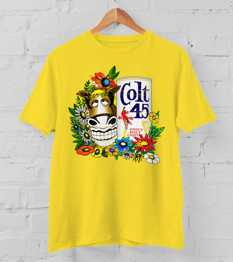 Colt 45 Malt Liquor With Cartoon Horse And Colorful Floral Background T-Shirt