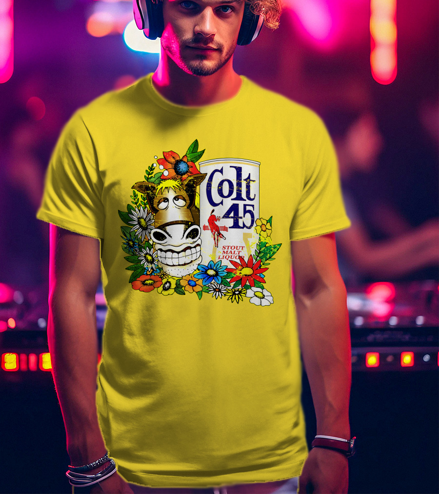 Colt 45 Malt Liquor With Cartoon Horse And Colorful Floral Background T-Shirt
