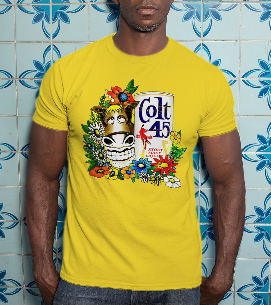 Colt 45 Malt Liquor With Cartoon Horse And Colorful Floral Background T-Shirt