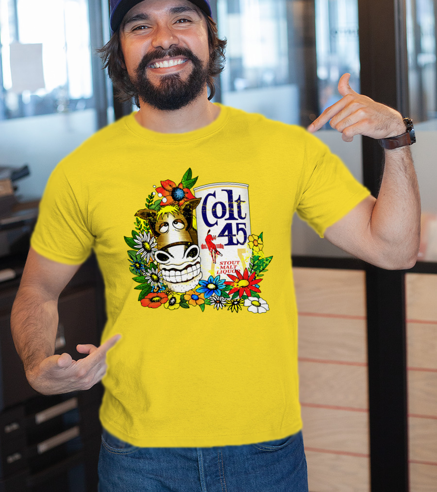 Colt 45 Malt Liquor With Cartoon Horse And Colorful Floral Background T-Shirt