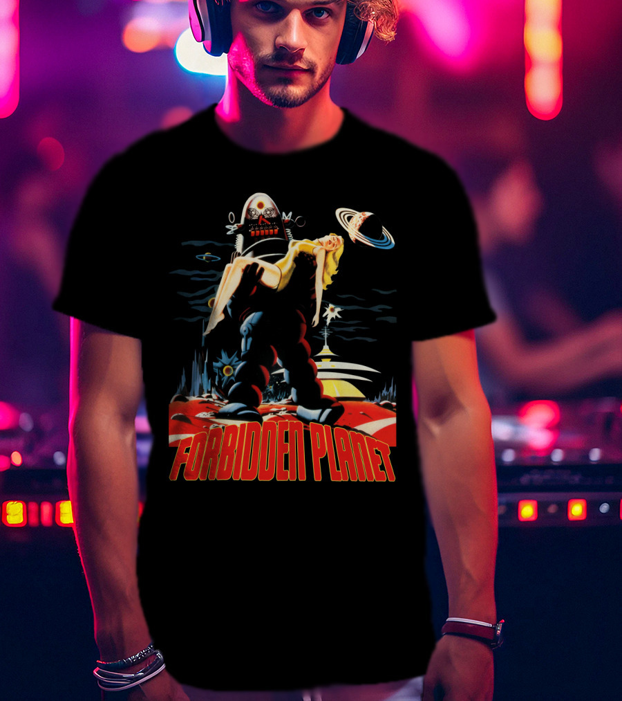 Forbidden Planet Retro Sci-Fi Art With Robot And Woman T-Shirt