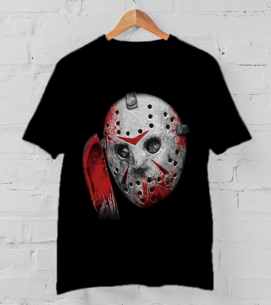 Friday The 13th Movie Jason Voorhees Mask With Bloody Machete Face T-Shirt