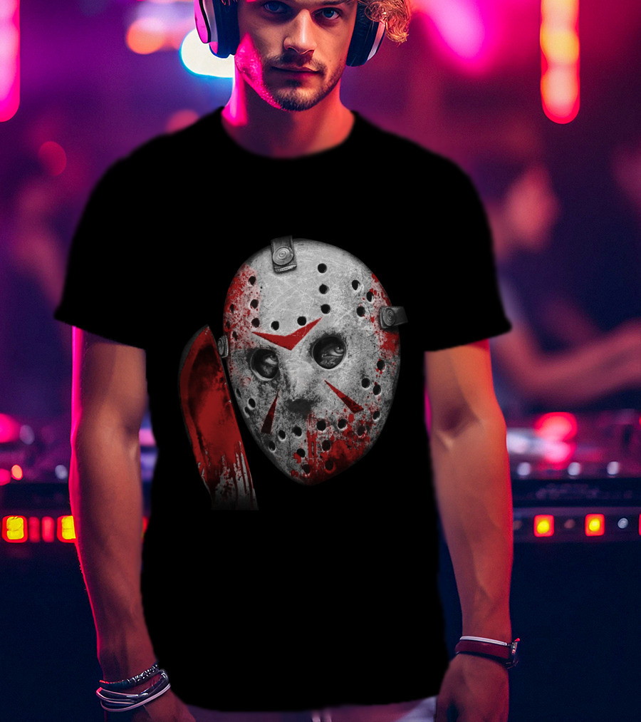 Friday The 13th Movie Jason Voorhees Mask With Bloody Machete Face T-Shirt