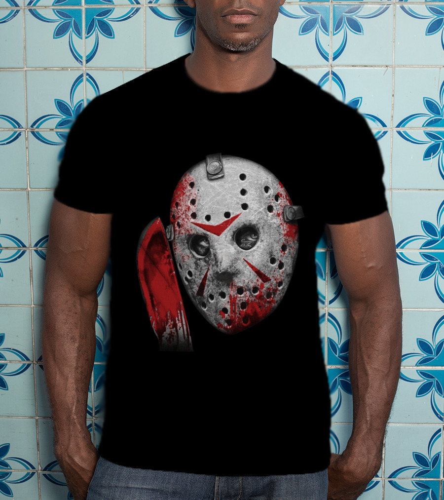 Friday The 13th Movie Jason Voorhees Mask With Bloody Machete Face T-Shirt