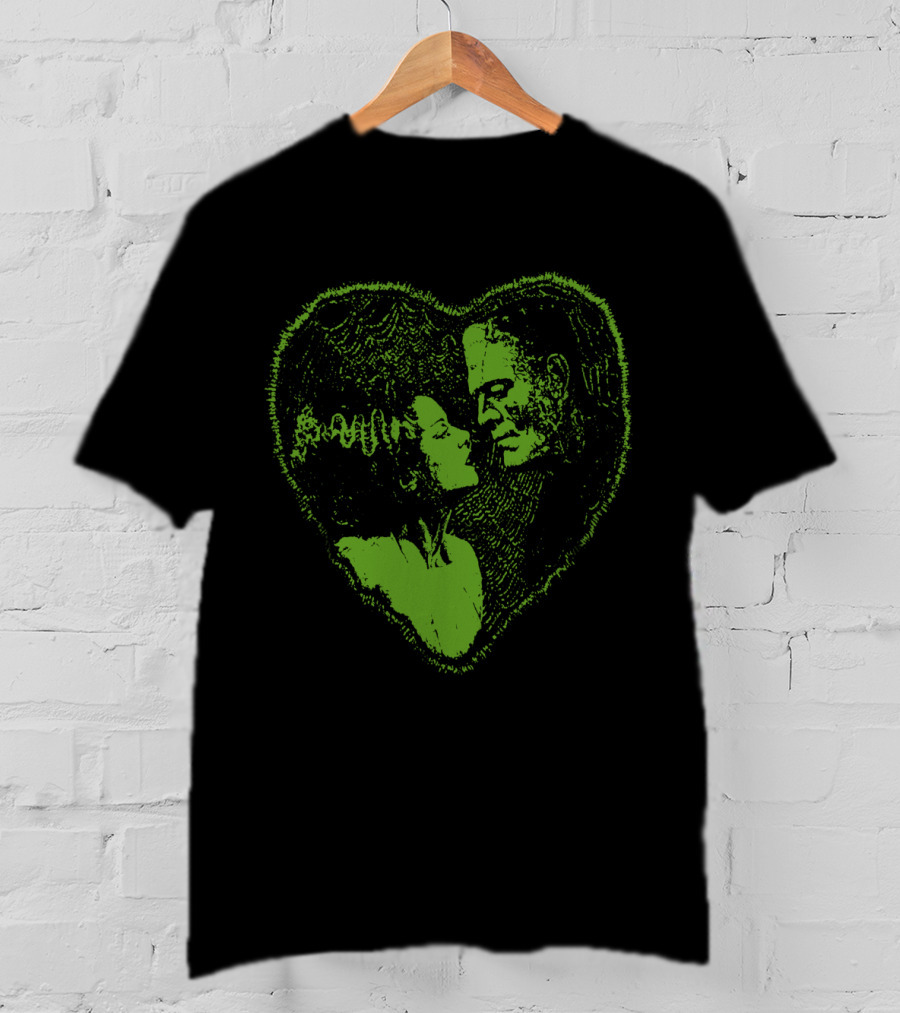 Frankenstein And Bride Heart Embrace Retro Horror Walking Dead TV Show Look T-Shirt