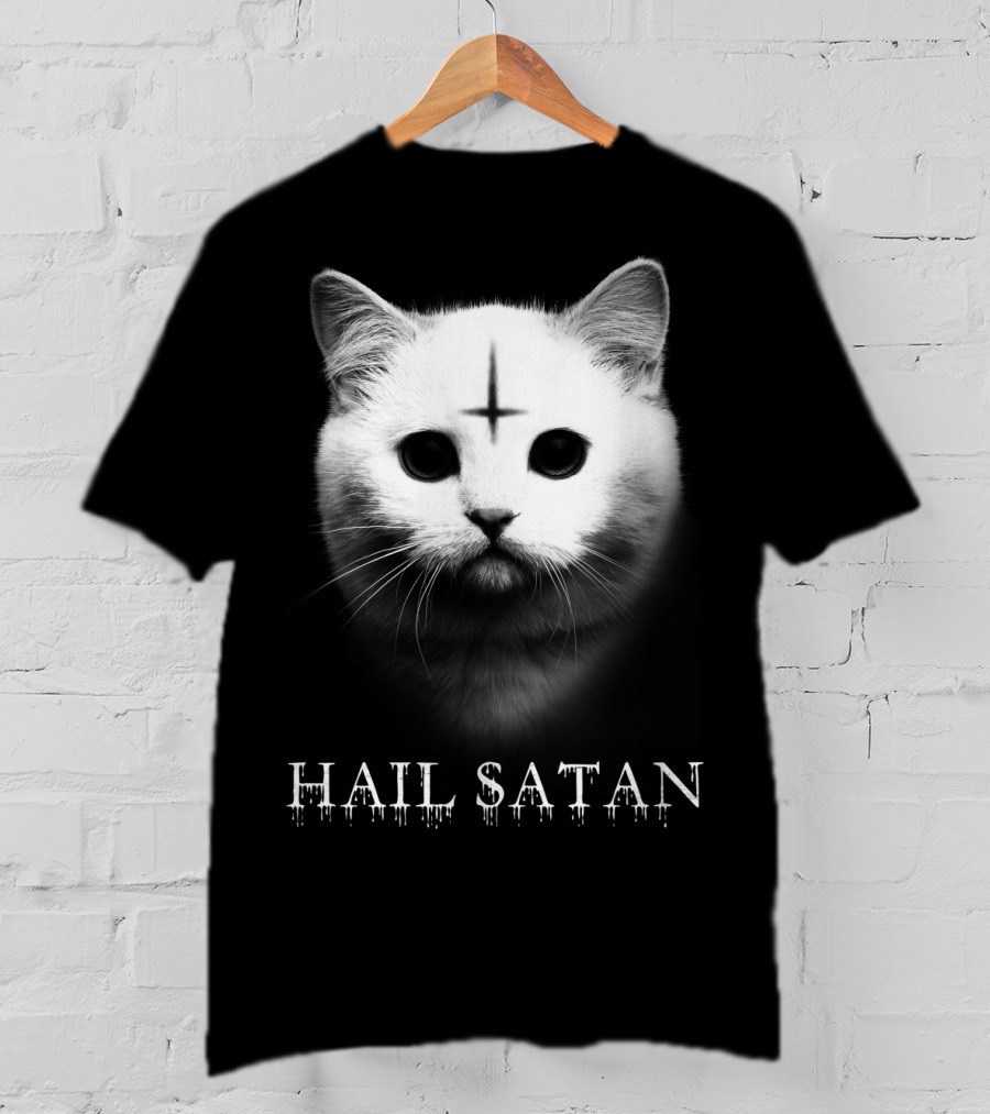 Hail Satan Cat With Inverted Cross T-Shirt