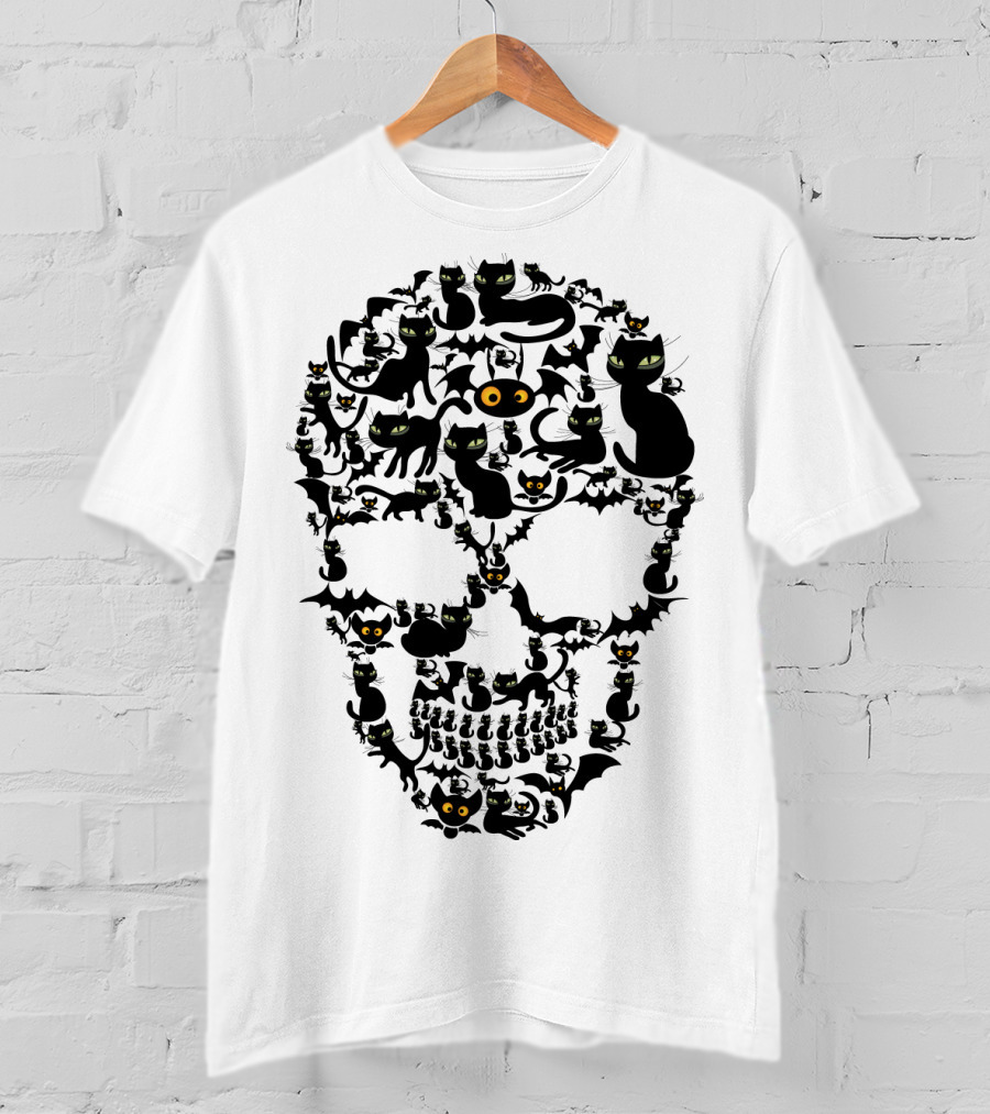 Cat Skull Halloween Black Cats And Bats T-Shirt