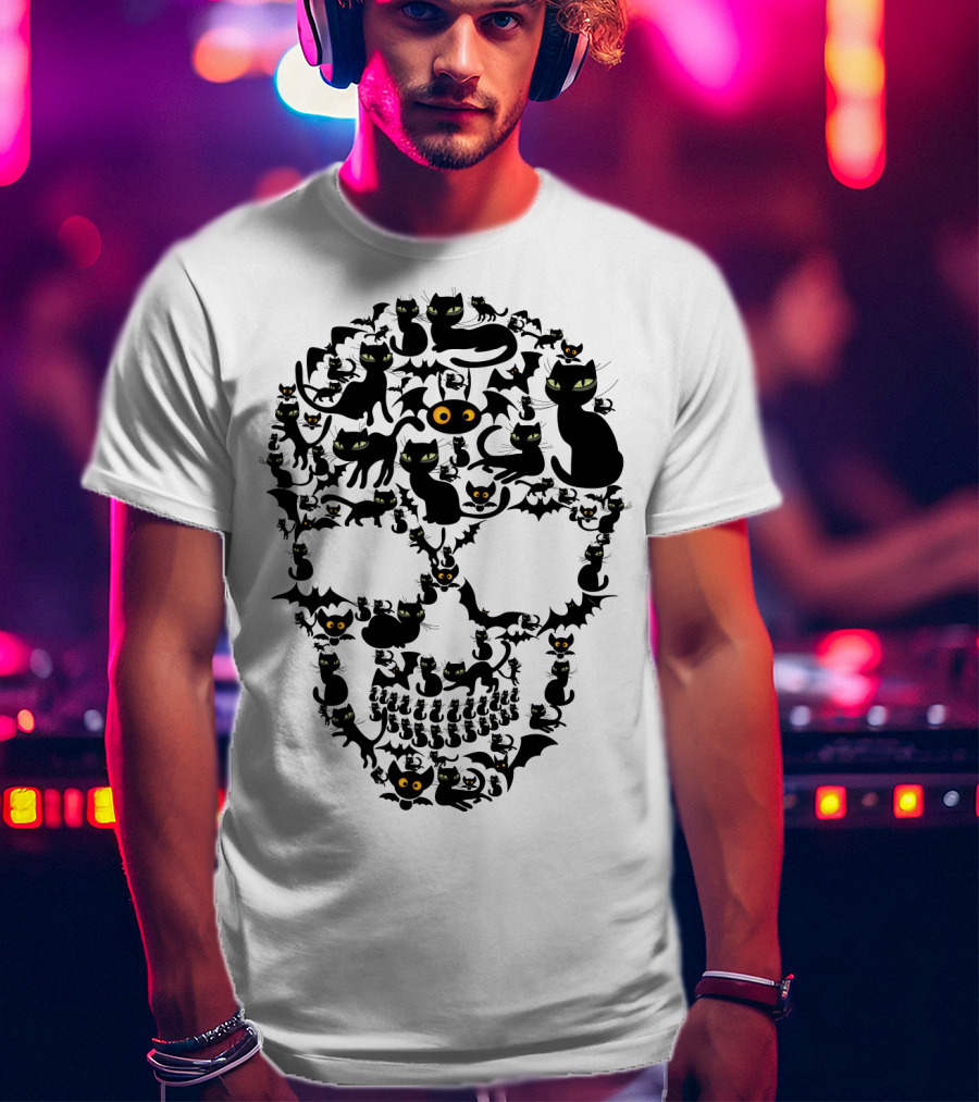 Cat Skull Halloween Black Cats And Bats T-Shirt