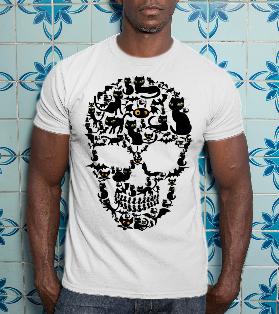 Cat Skull Halloween Black Cats And Bats T-Shirt