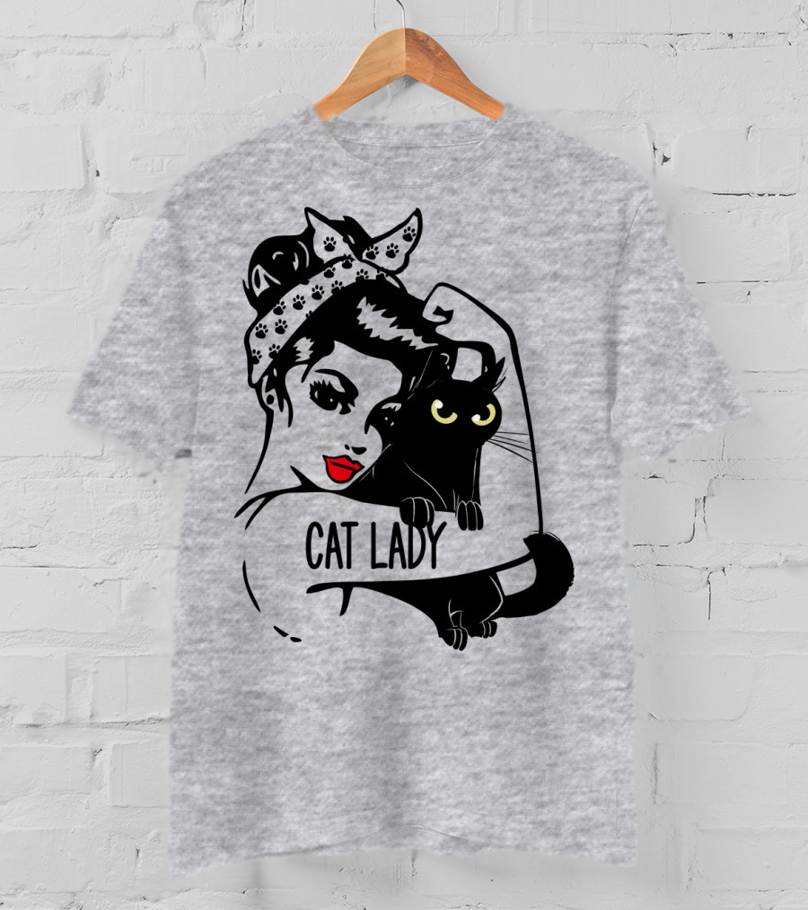 Cat Lady Retro Style With Black Cat And Polka Dot Bandana T-Shirt