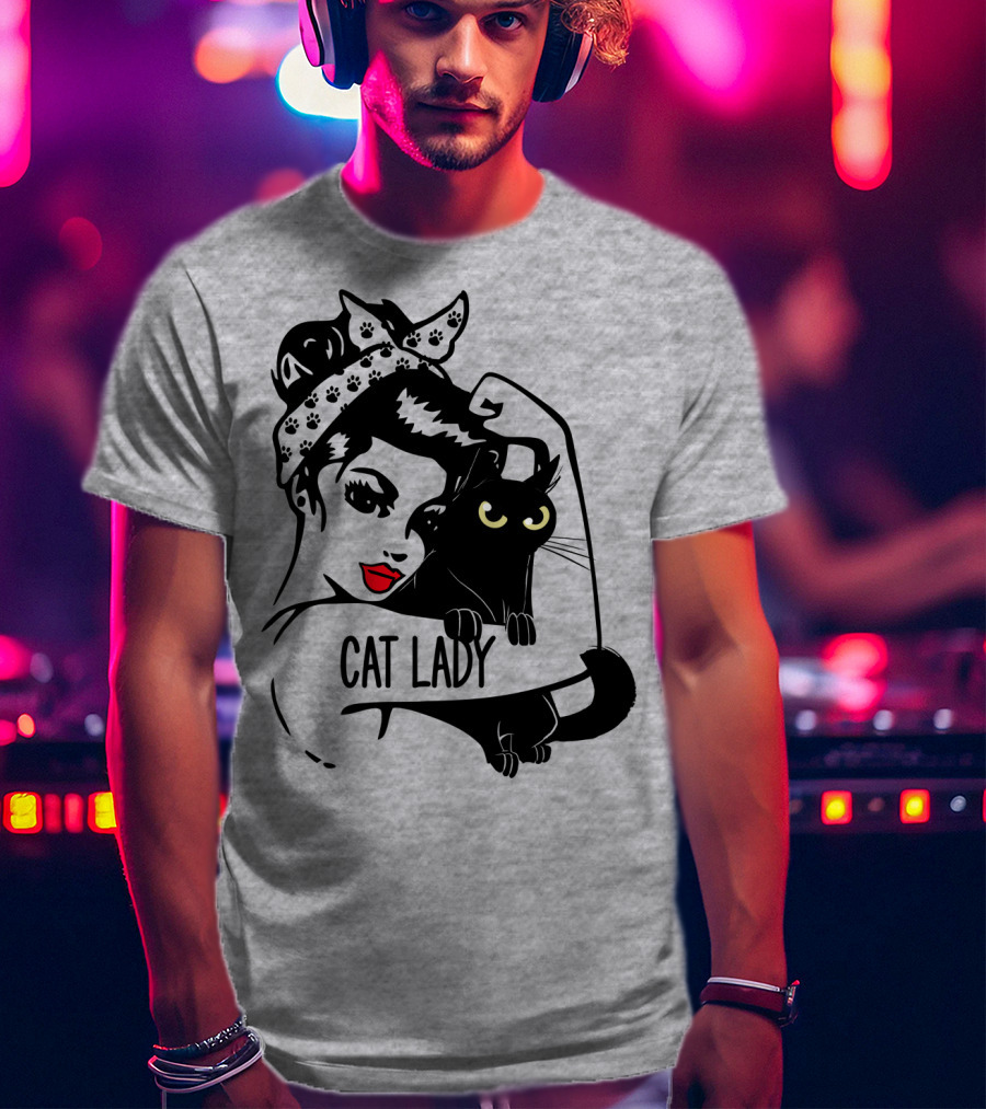 Cat Lady Retro Style With Black Cat And Polka Dot Bandana T-Shirt