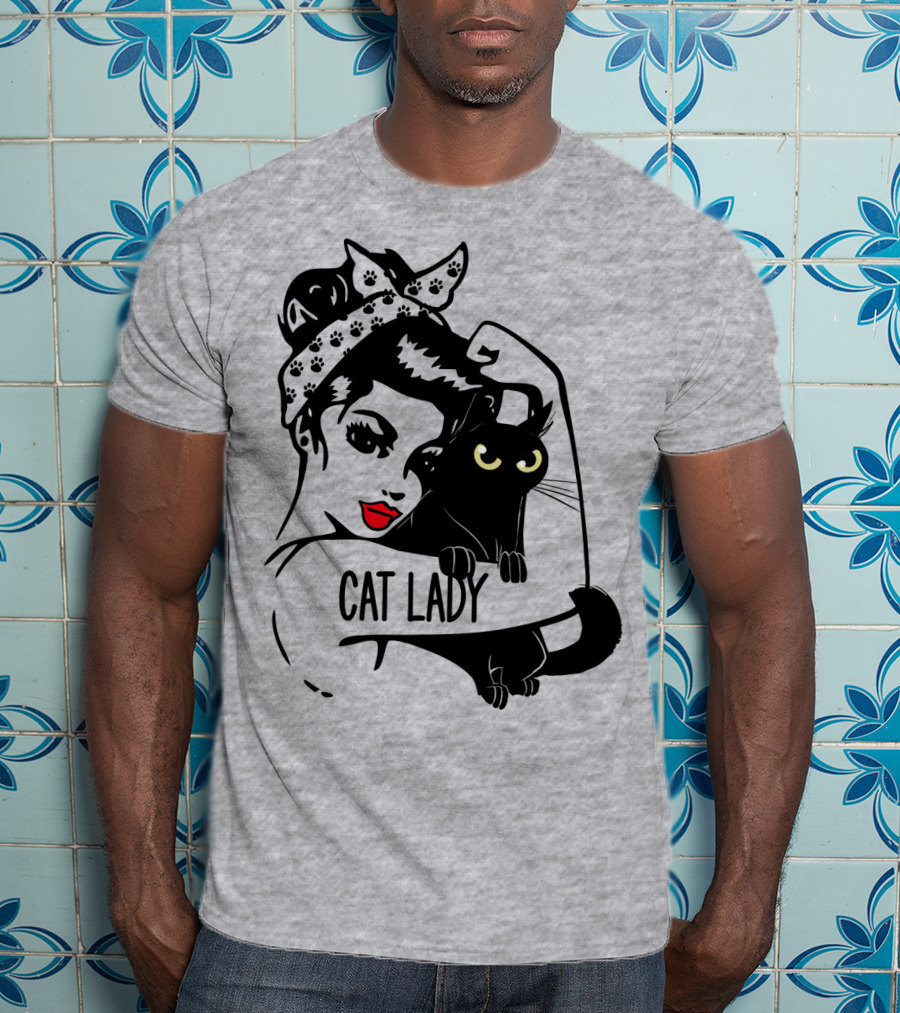 Cat Lady Retro Style With Black Cat And Polka Dot Bandana T-Shirt