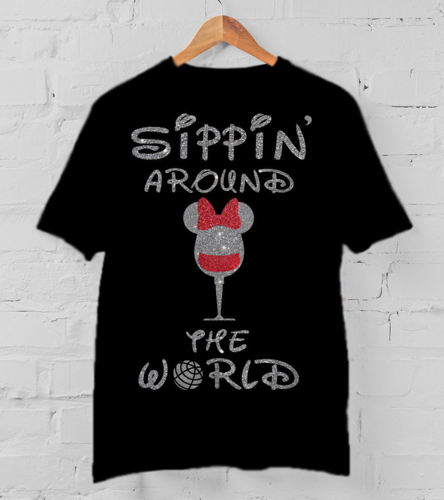 Sippin' Around The World Minnie Wine Glass Disney Epcot Bow T-Shirt