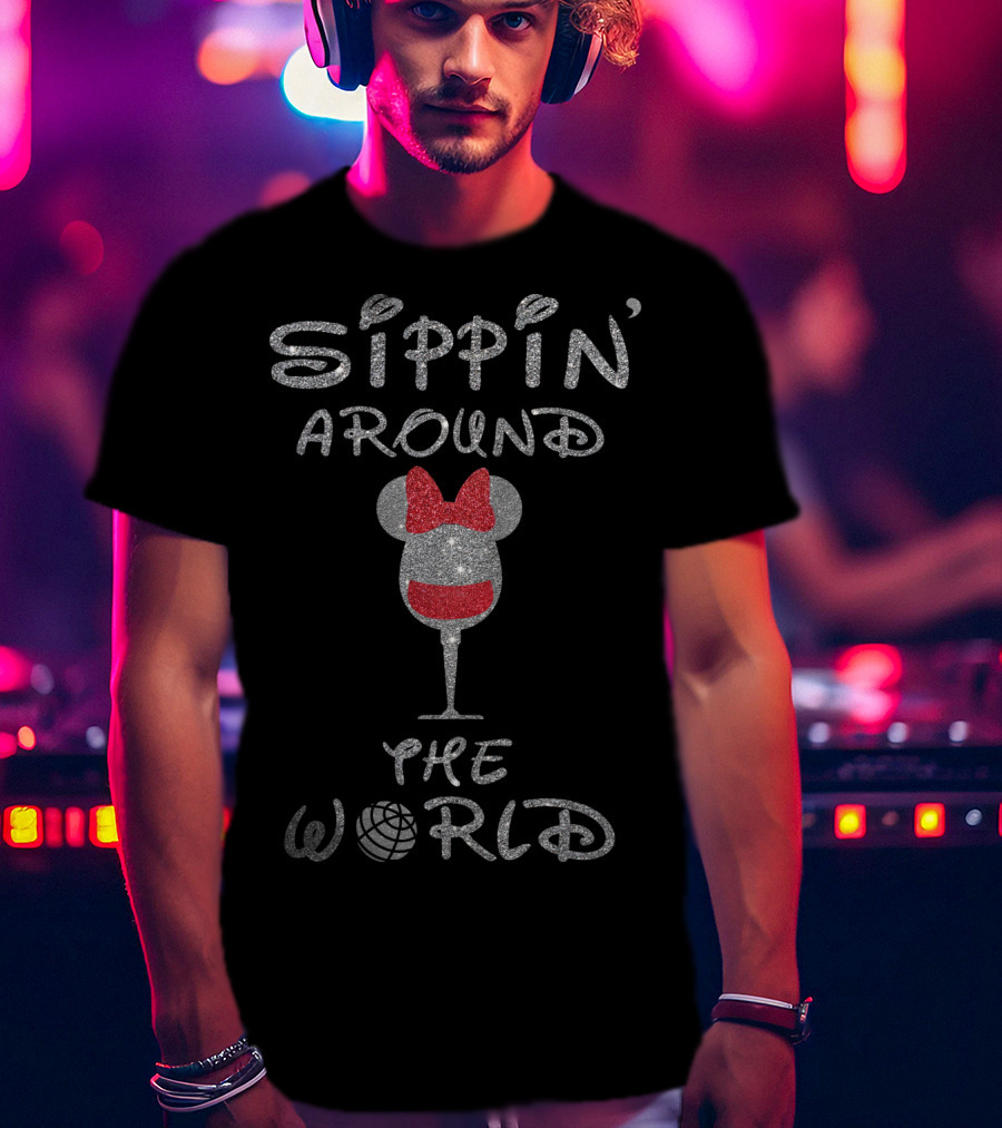 Sippin' Around The World Minnie Wine Glass Disney Epcot Bow T-Shirt