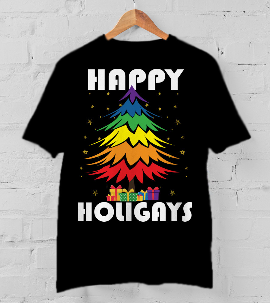 Happy Holigays Rainbow Christmas Tree And Presents T-Shirt