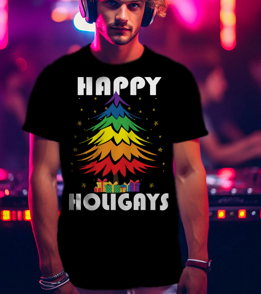 Happy Holigays Rainbow Christmas Tree And Presents T-Shirt