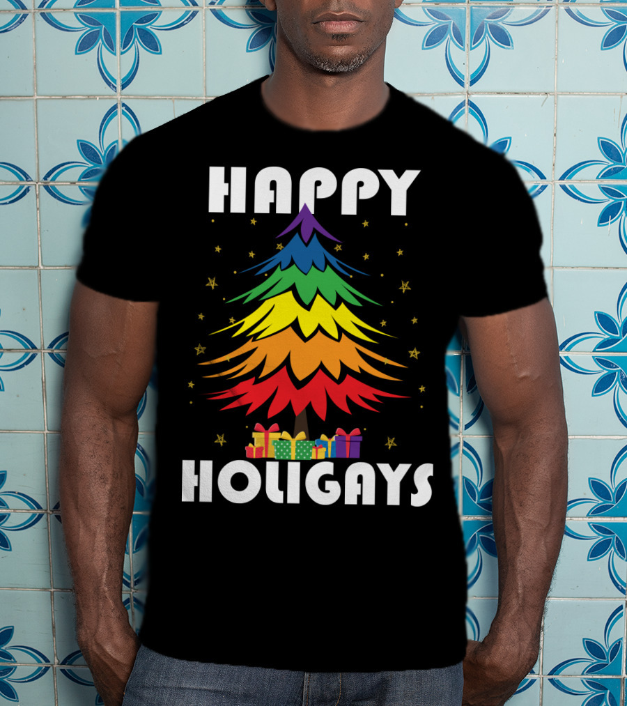 Happy Holigays Rainbow Christmas Tree And Presents T-Shirt