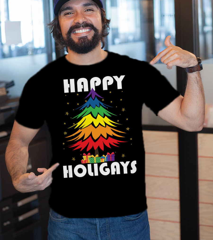 Happy Holigays Rainbow Christmas Tree And Presents T-Shirt