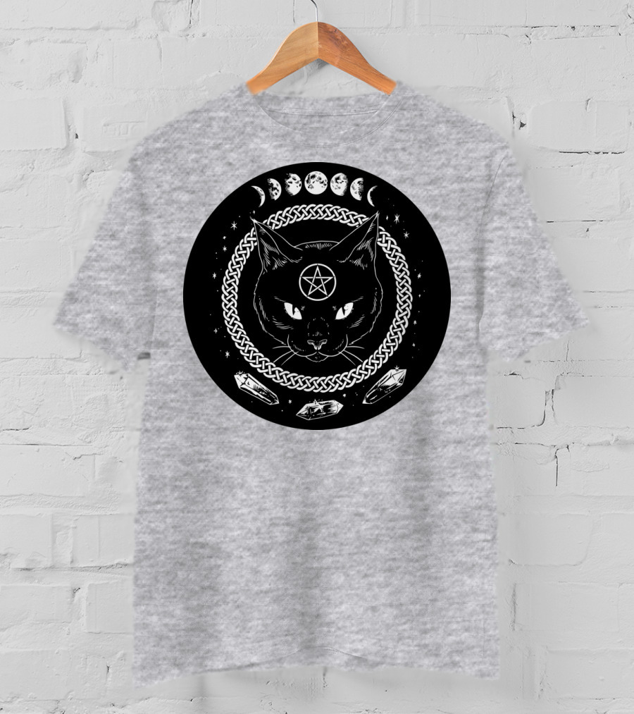 Cat Moon Magic Pentacle Phases Crystals Lunar Cycle T-Shirt